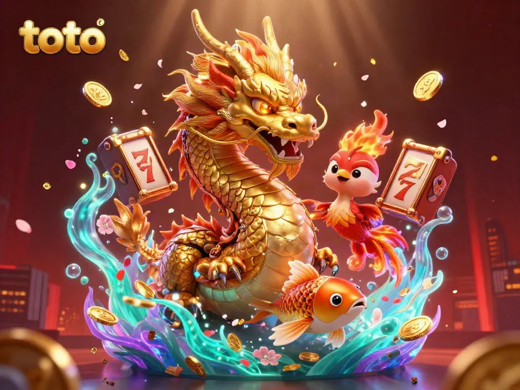 Experience thrilling toto gameplay with a golden dragon, phoenix, and koi, symbolizing luck and fortune.