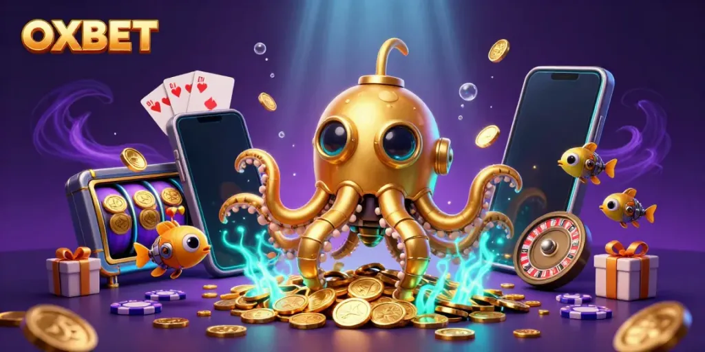 Join the gaming adventure with OXBET's golden kraken submarine amidst vibrant casino elements.