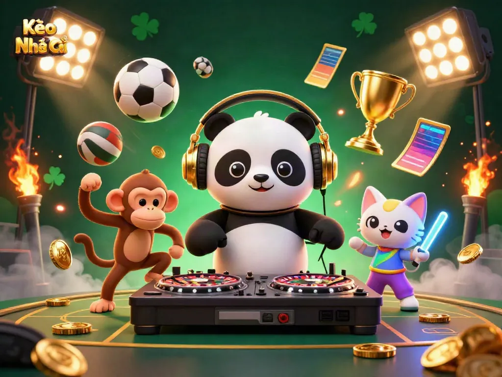Kèo Nhà Cái showcases animated characters in a vibrant casino-themed party with dynamic sports elements.