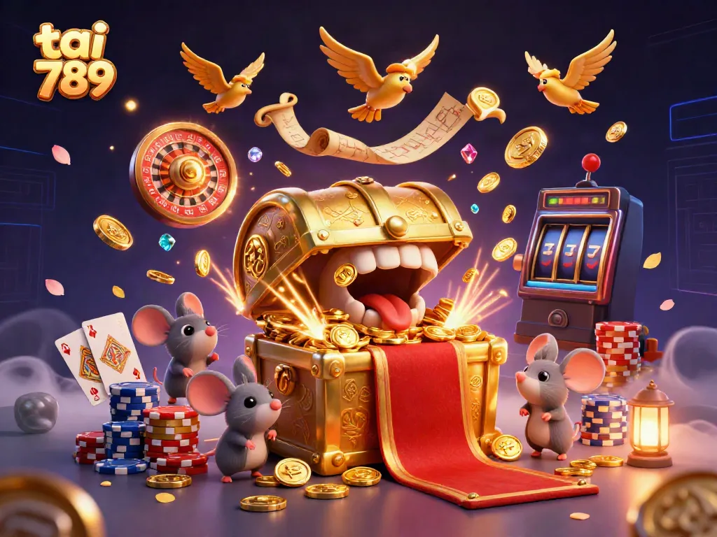 Experience excitement with tai 789 in this vibrant 3D casino illustration featuring dynamic games and treasures.