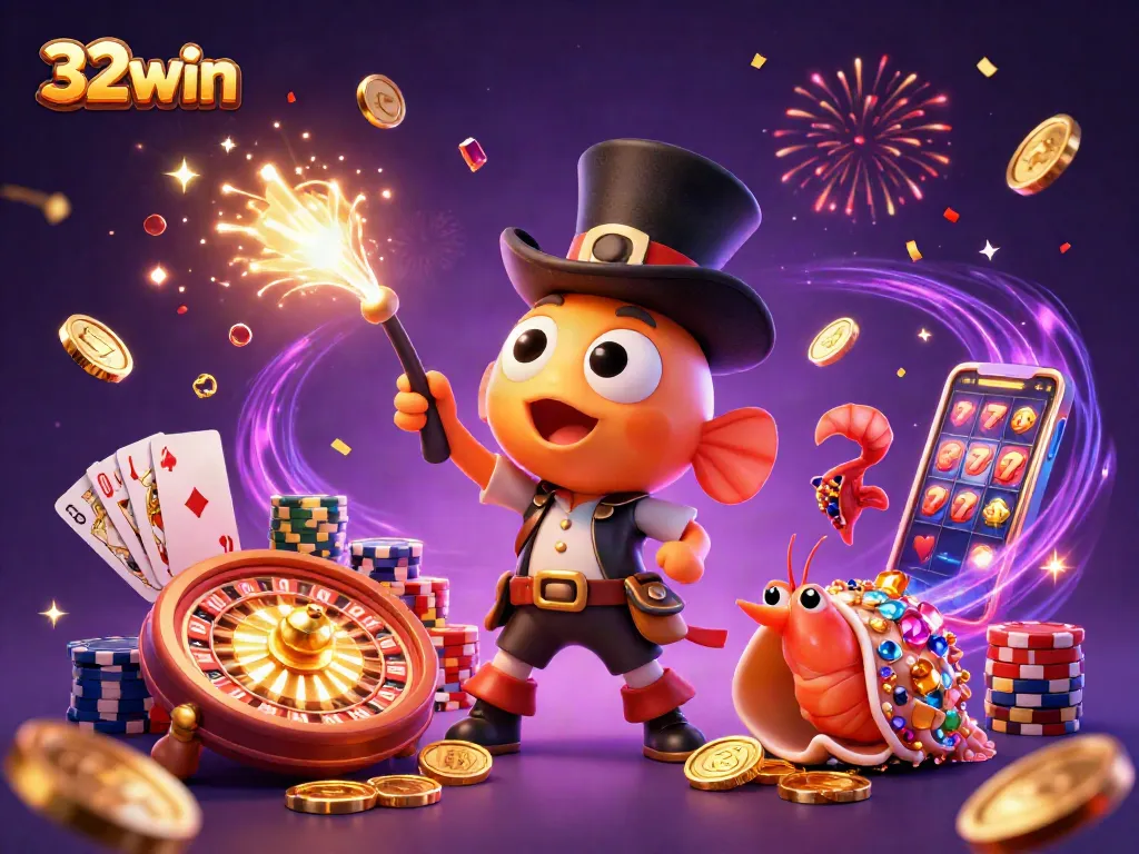 Experience thrilling wins with 32win in this vibrant, captivating casino scene featuring lucky treasures.