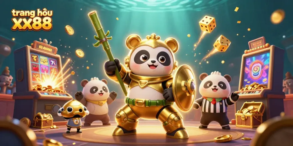 Engaging 3D scene with golden panda robot at trang chủ xx88 showcasing casino fun and excitement.