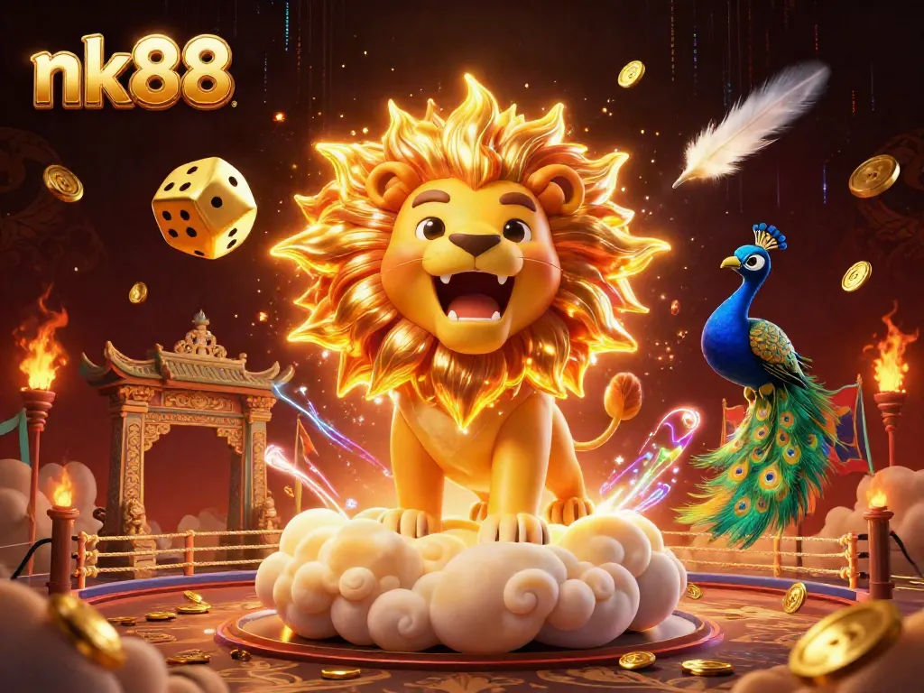 Experience the excitement of nk88 with a vibrant 3D illustration featuring a roaring sun lion and golden dice.