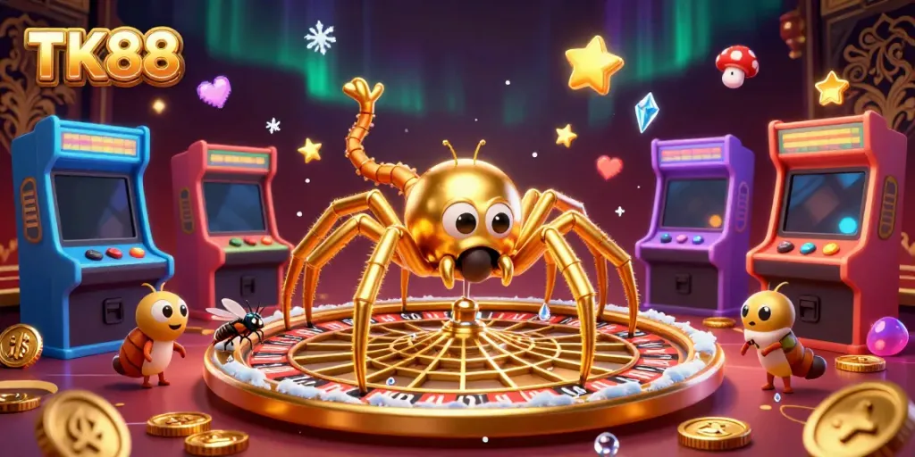Experience the thrill of TK88 as creatures spin a roulette web and place bets in a vibrant casino.