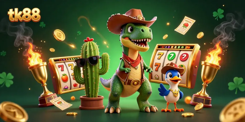 Spin to win with tk88, featuring a vibrant casino themed illustration with a dynamic scene.