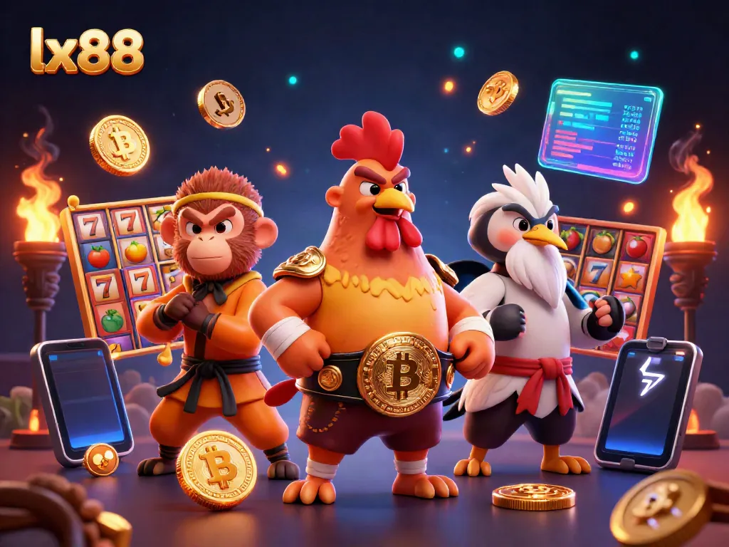 Experience the excitement of lx88 with a dynamic casino scene featuring vibrant characters and action-packed game elements.