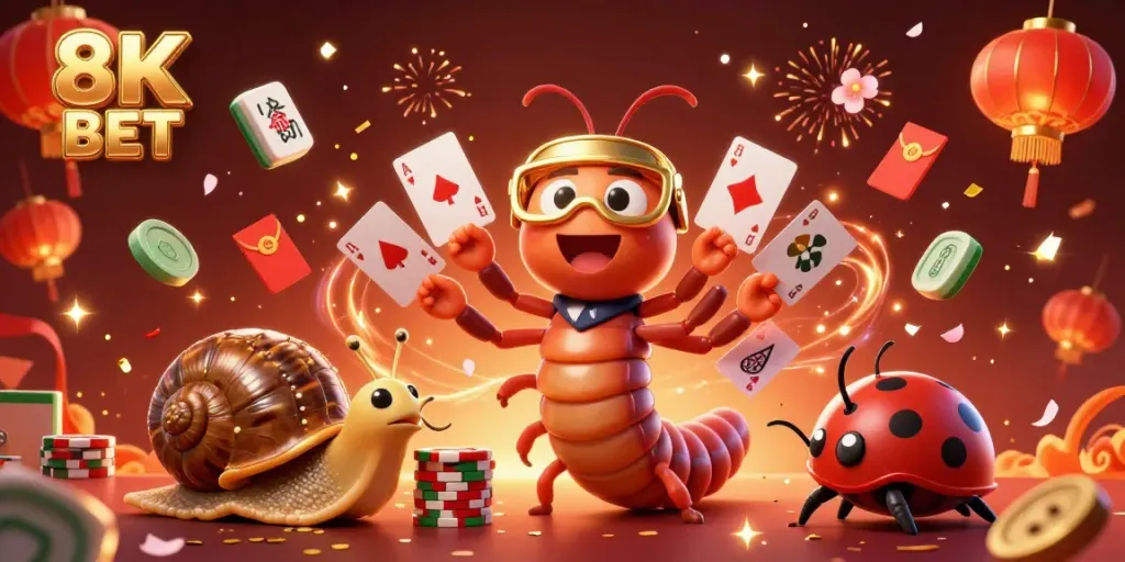 Experience thrilling moments with 8K BET in an energetic casino illustration featuring vibrant game elements.