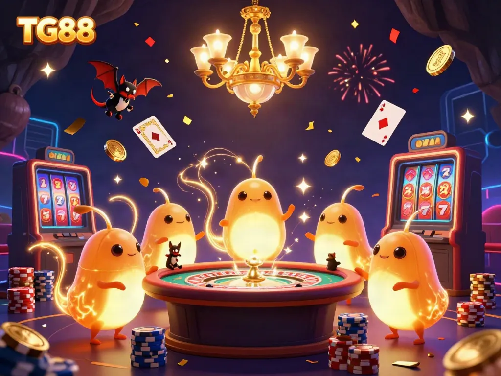 An enchanting TG88 scene with glowworms illuminating a vibrant casino atmosphere for gamblers.