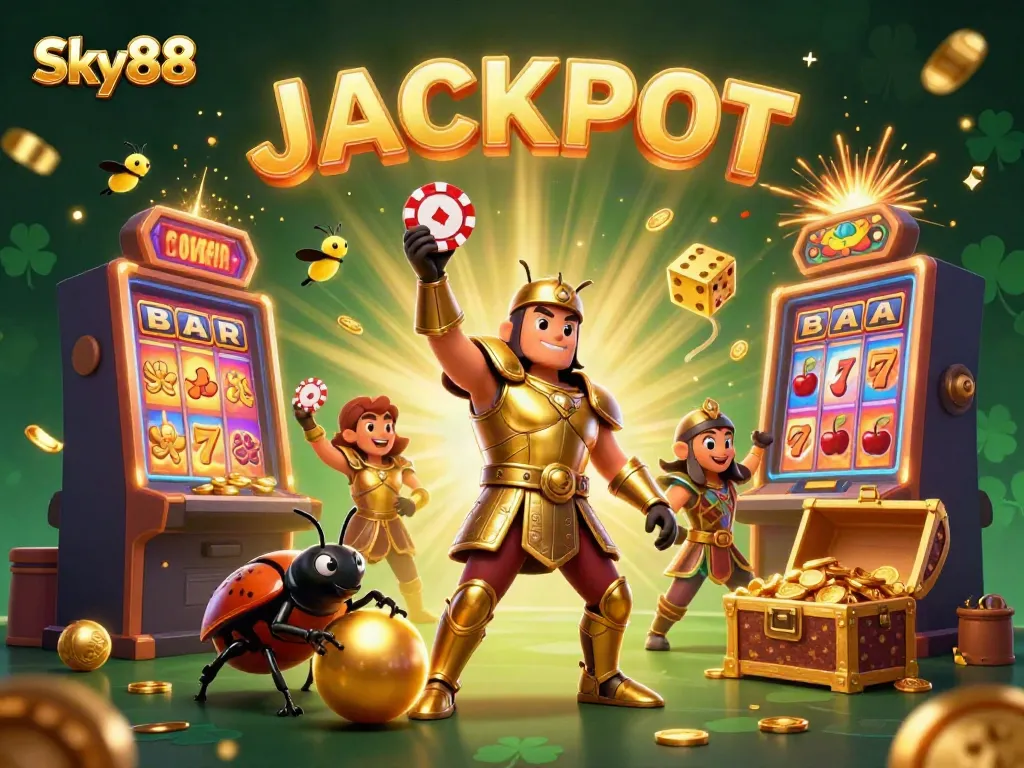 Experience the excitement of Sky88 with a vibrant, 3D illustration showcasing jackpot celebration and casino elements.