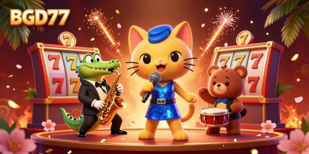 BGD77 showcases an exciting casino scene with a singing cat and performing animals, surrounded by vibrant gaming elements.