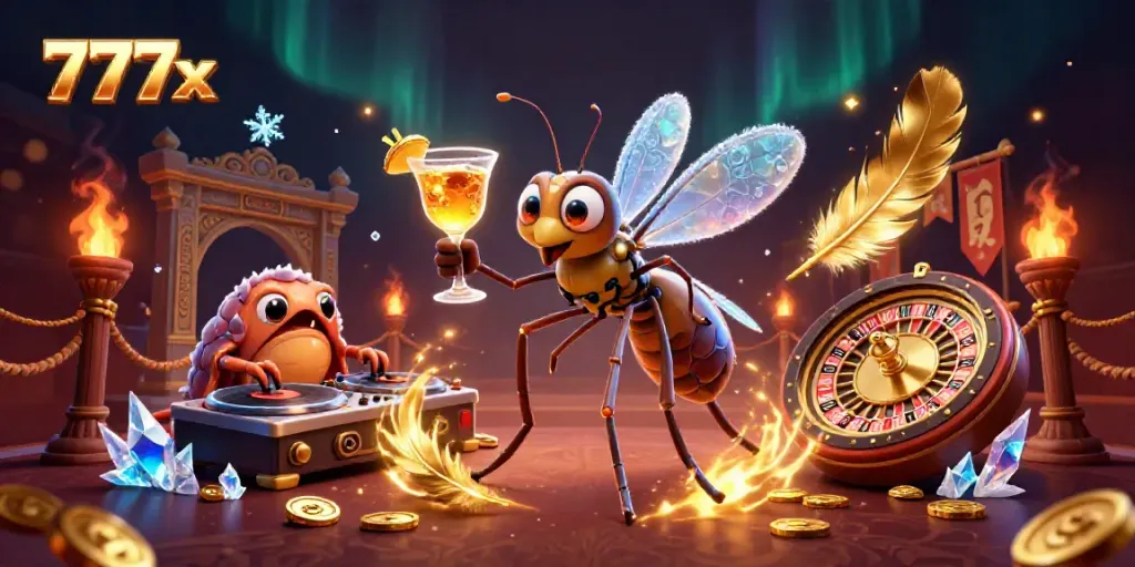 Experience the vibrant world of 777x with a casino-themed 3D illustration featuring unique characters and dynamic gaming elements.
