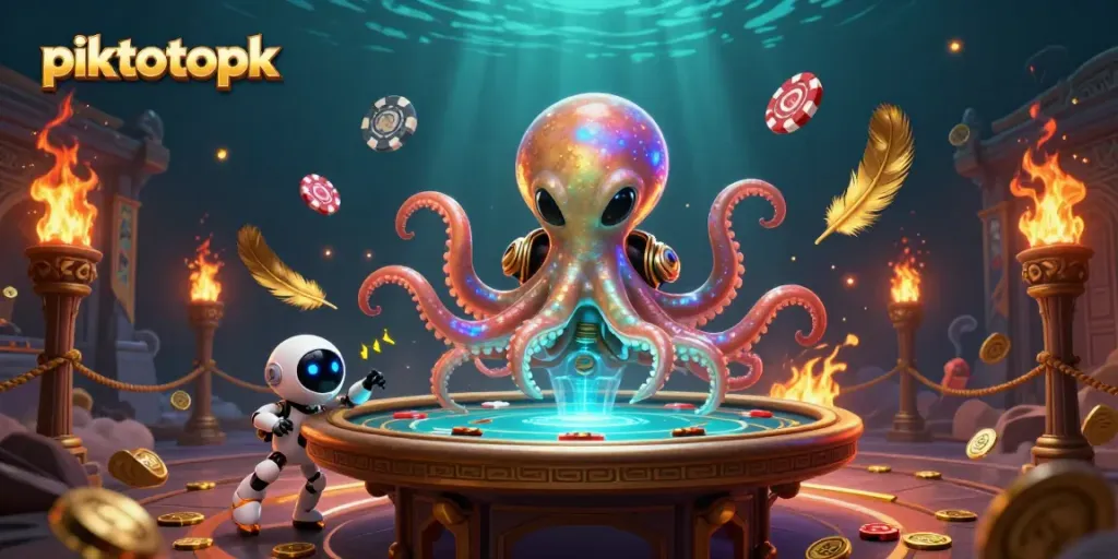 Engage in thrilling poker action with piktotoapk's alien octopus and robo companion at a vivid casino scene.