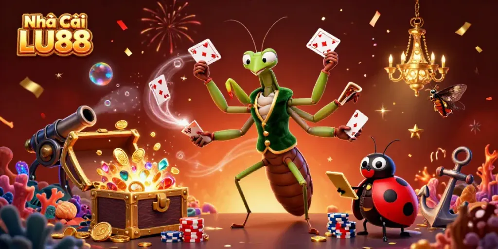 Experience thrilling games at Nhà Cái LU88 with vibrant illustrations of casino characters and elements.