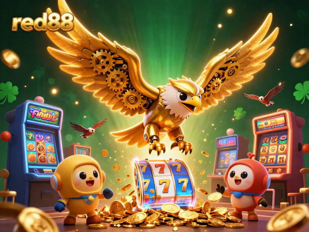 Experience thrilling wins at red88 with a dynamic 3D casino scene full of vibrant slot elements.