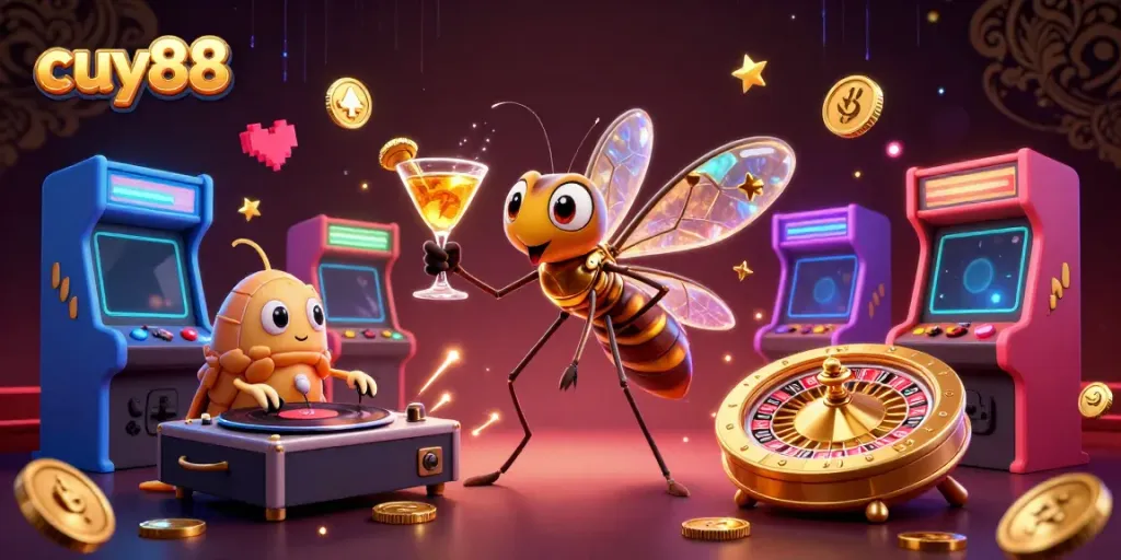 Engaged players at the exciting cuy88 casino, aholding golden cocktails amid vibrant gaming elements and roulette wheels.