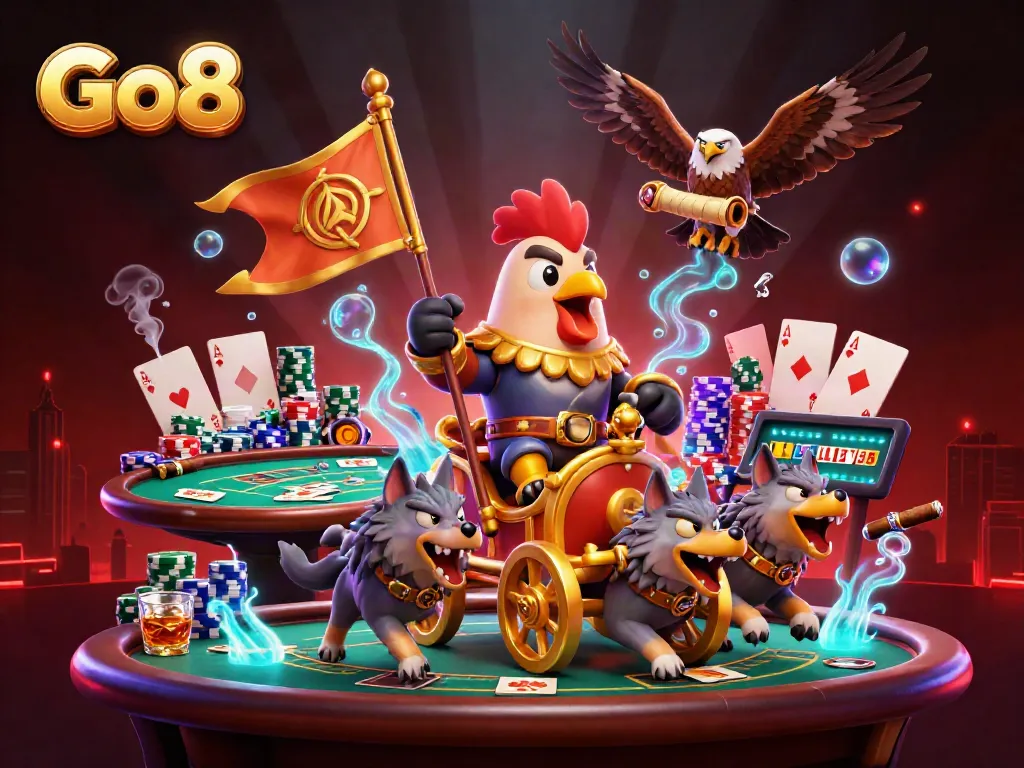 Experience the thrill of Go8 with a cartoon rooster warlord in a casino battle scene.