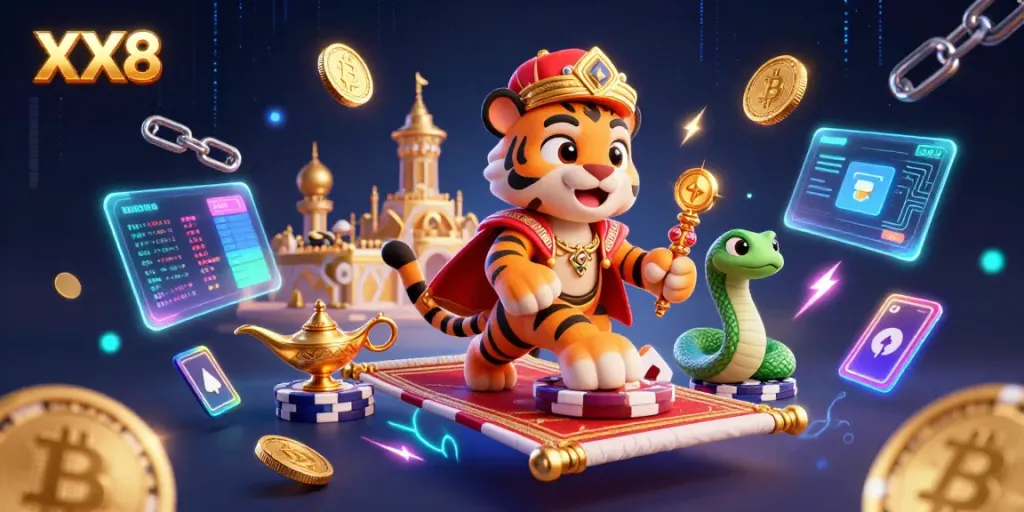 Win big with XX8's vibrant 3D gaming scene featuring a magical sultan and crypto elements.