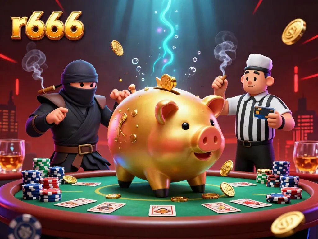 Engage with r666 as the golden piggy bank sumo wrestler stomps coins amidst a vibrant casino scene.