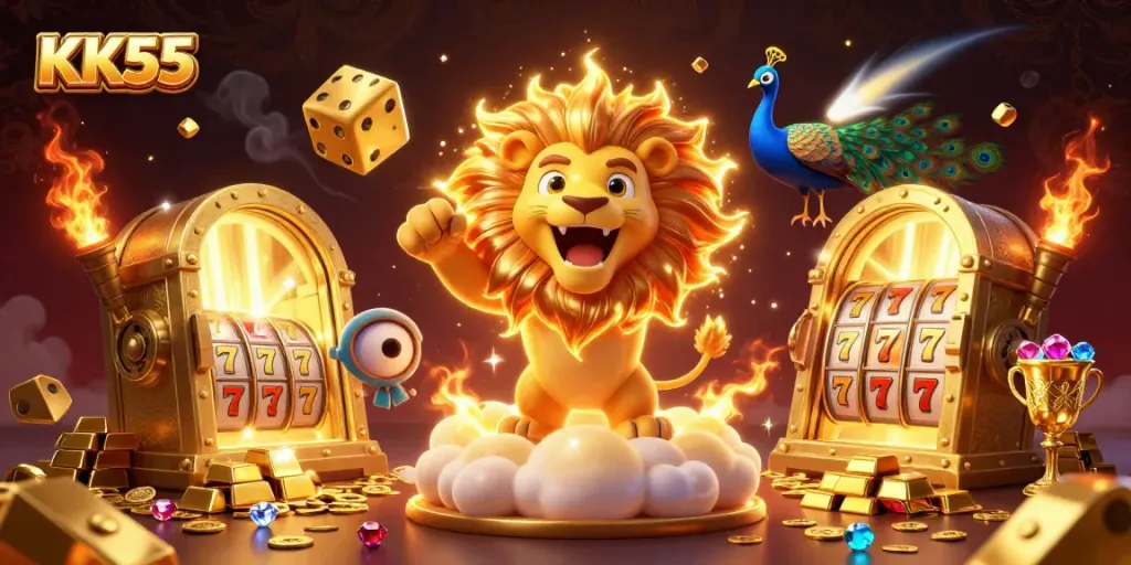Engage with KK55's thrilling slot game atmosphere through this vibrant illustration.