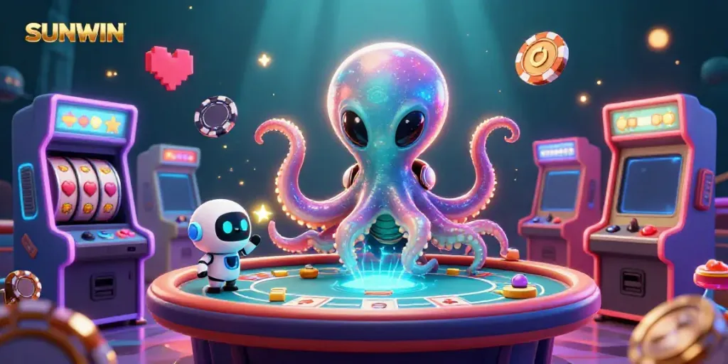 Engage in vibrant casino action with SUNWIN, featuring an alien octopus at a poker table.