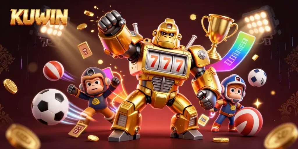 Experience the thrill of KUWIN with a dynamic 3D illustration featuring a golden mech and exciting gaming elements.