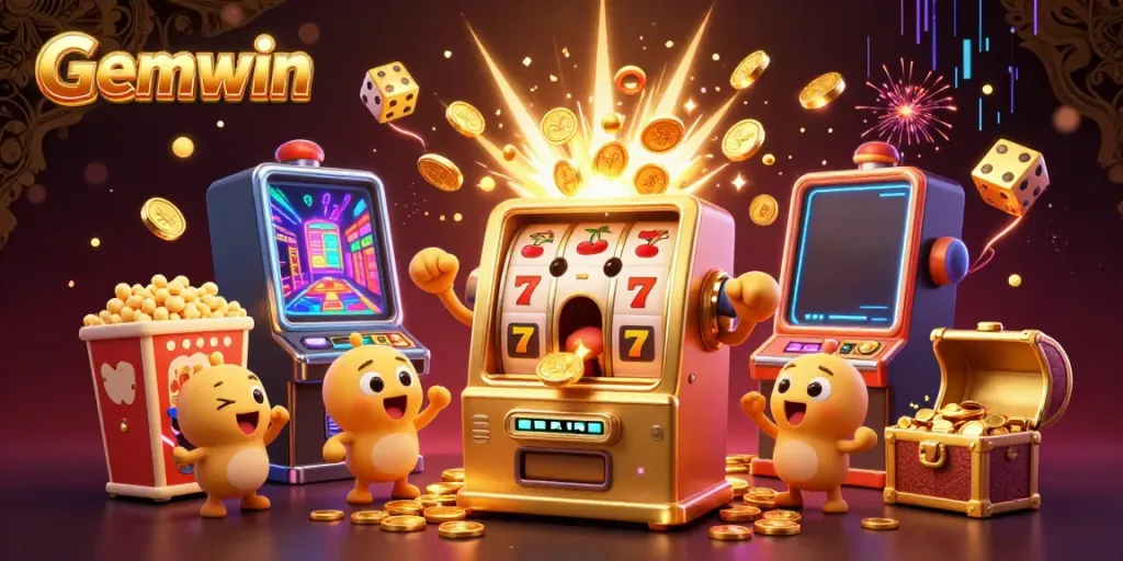 Gemwin's golden slot machine celebrates a jackpot while coins rain down in a vibrant casino scene.