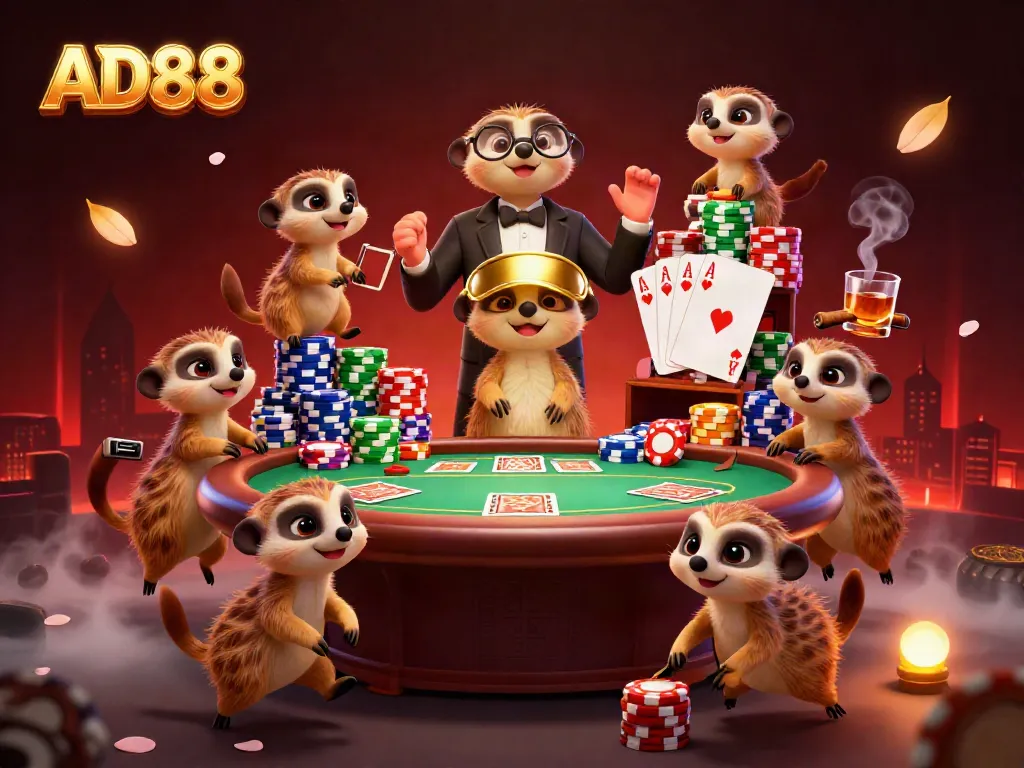 AD88 meerkats running a vibrant casino operation, showcasing poker and festive elements.