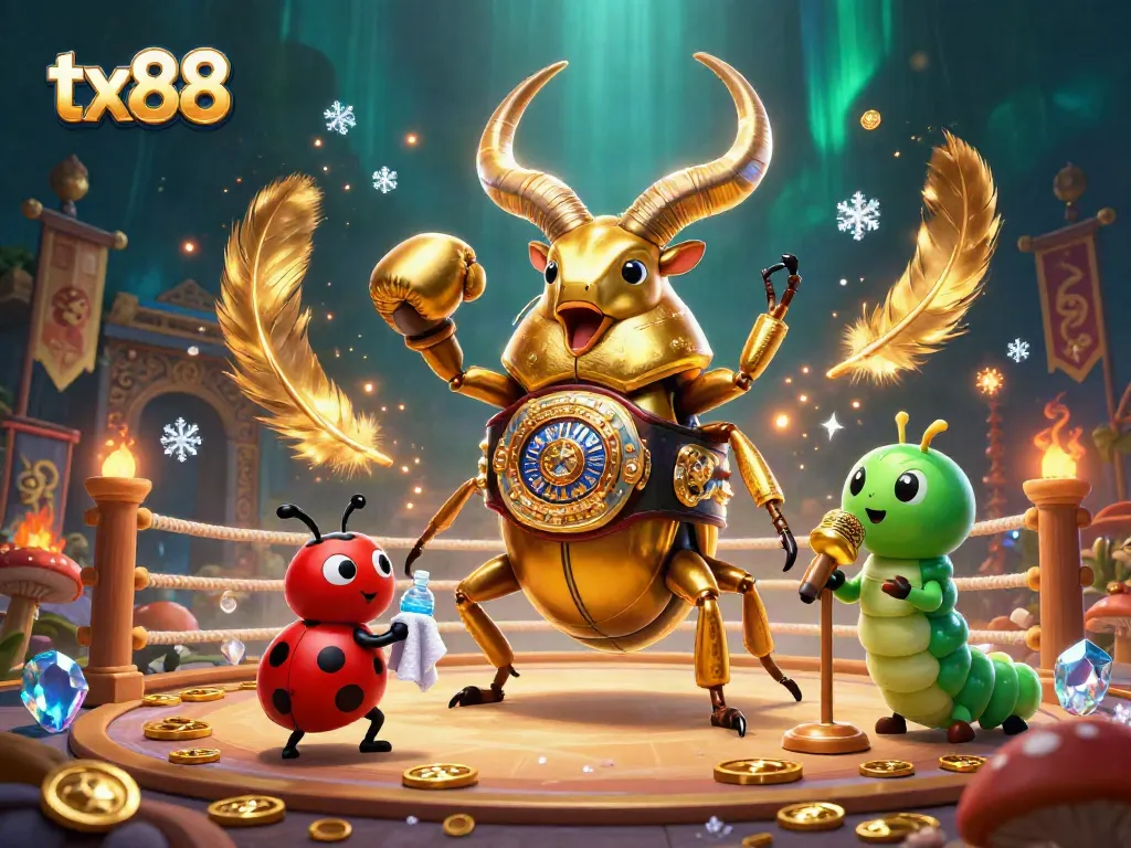 Experience the excitement of tx88 with a golden stag beetle champion in an action-packed casino scene.