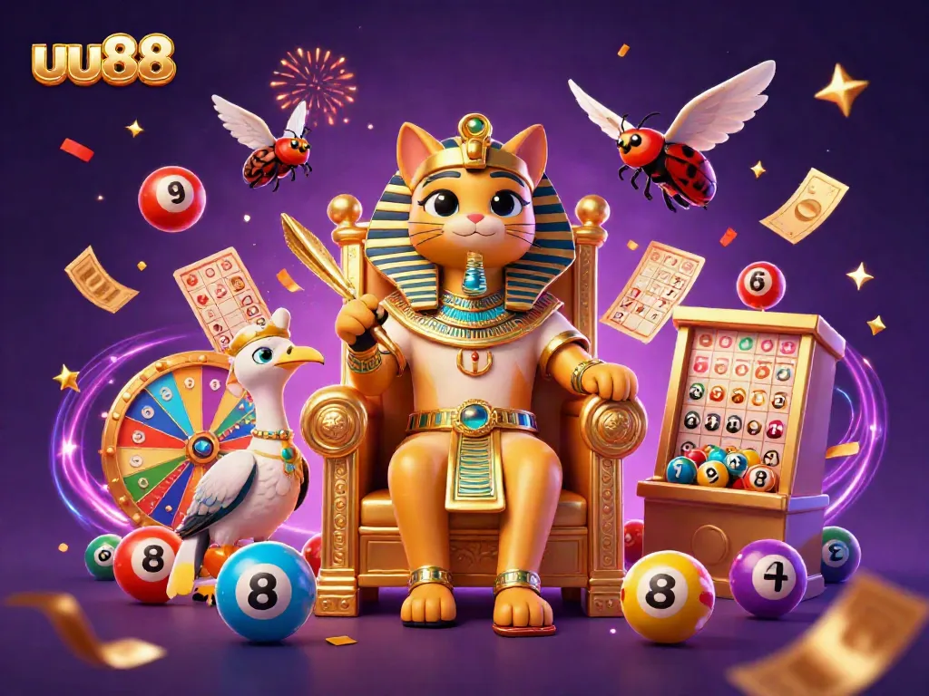 Experience vibrant gambling excitement with the ultra-detailed uu88 online casino illustration featuring a pharaoh cat and festive lottery elements.