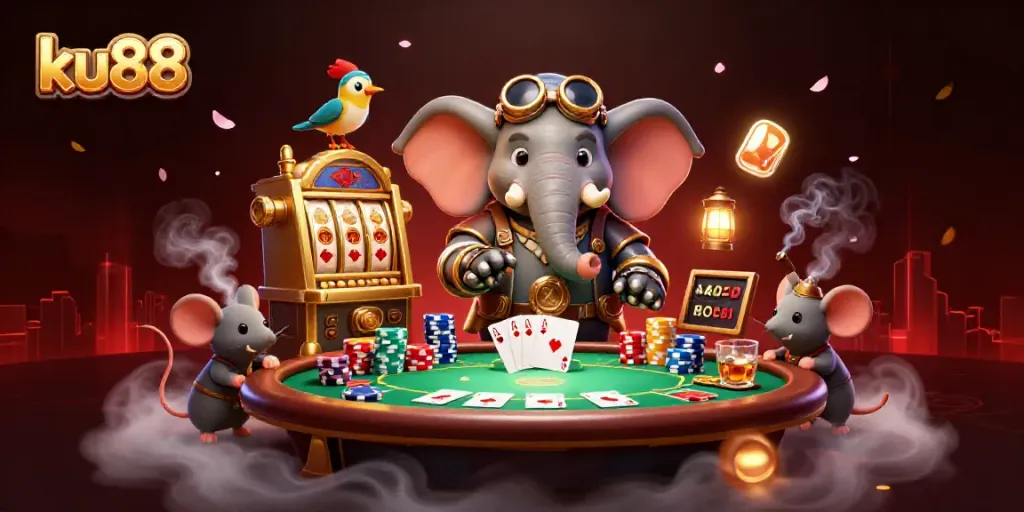Engage with the ku88 gaming world: a steampunk elephant operates a golden slot machine amid vibrant casino elements.