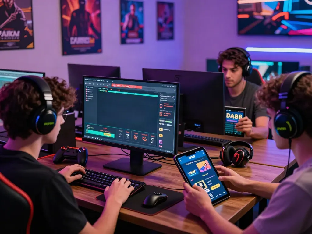 Diverse gamers engaged in online gaming activities related to DA88 with vibrant lighting and modern equipment.