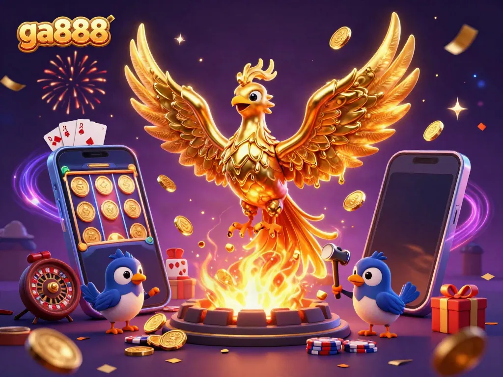 Experience thrilling gameplay with ga888 featuring a golden phoenix and dazzling casino elements.