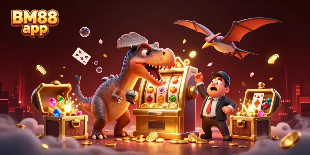 Experience excitement with the BM88 app as a pachycephalosaurus wins jackpots amidst vibrant casino chaos.