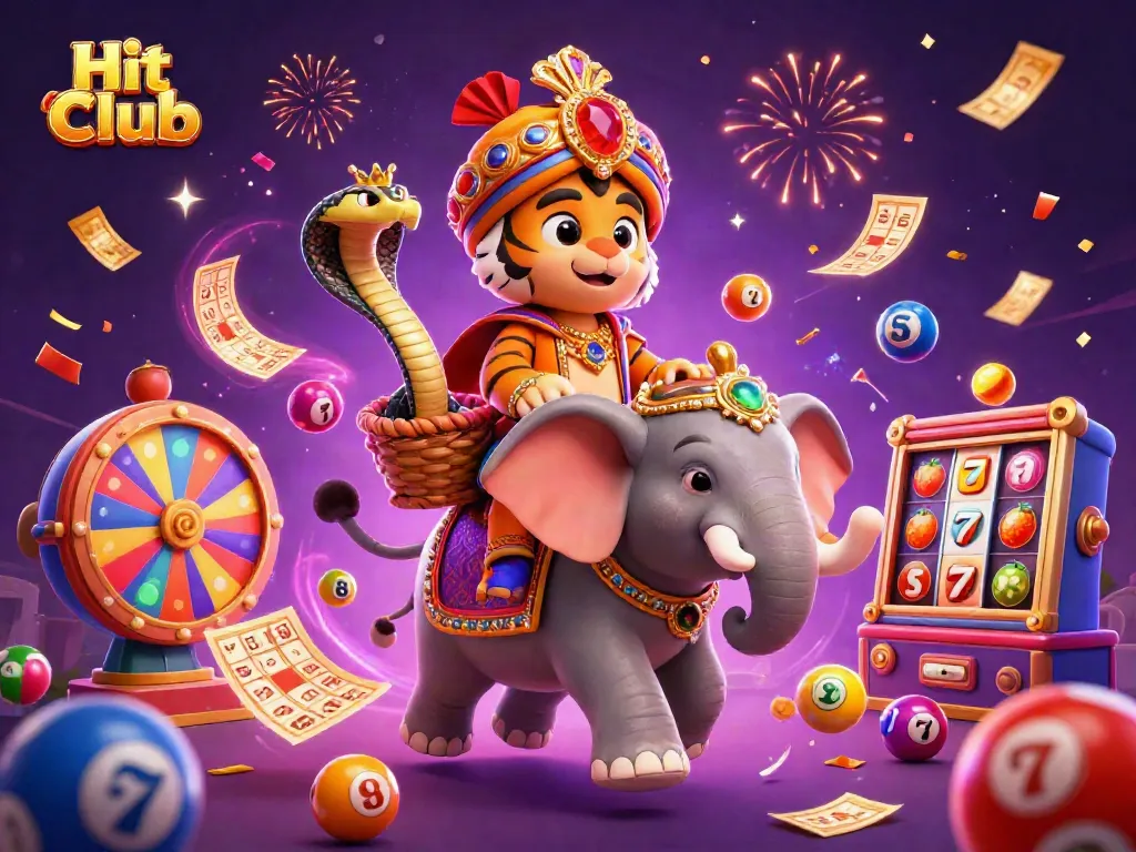 Engage with the Hit Club at a vibrant casino scene filled with excitement and game elements.