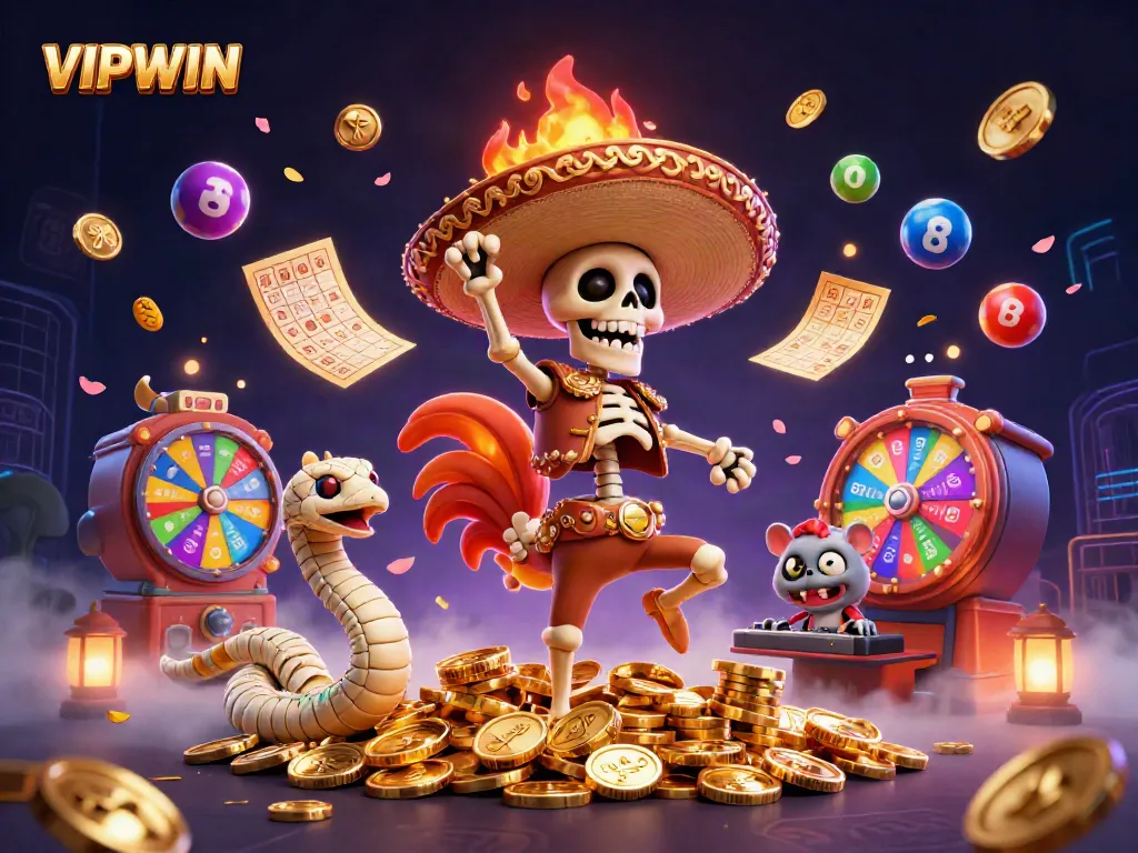 Watch VIPWIN's lively cartoon characters celebrate a jackpot with vibrant lottery elements in a dynamic scene.