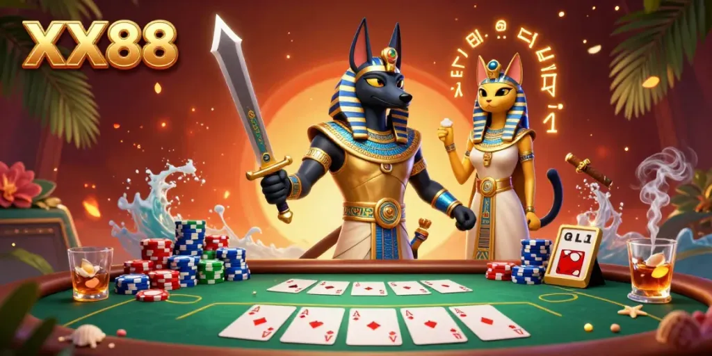 Experience the thrill of gaming at XX88 with blessed Egyptian deities in an epic poker showdown.