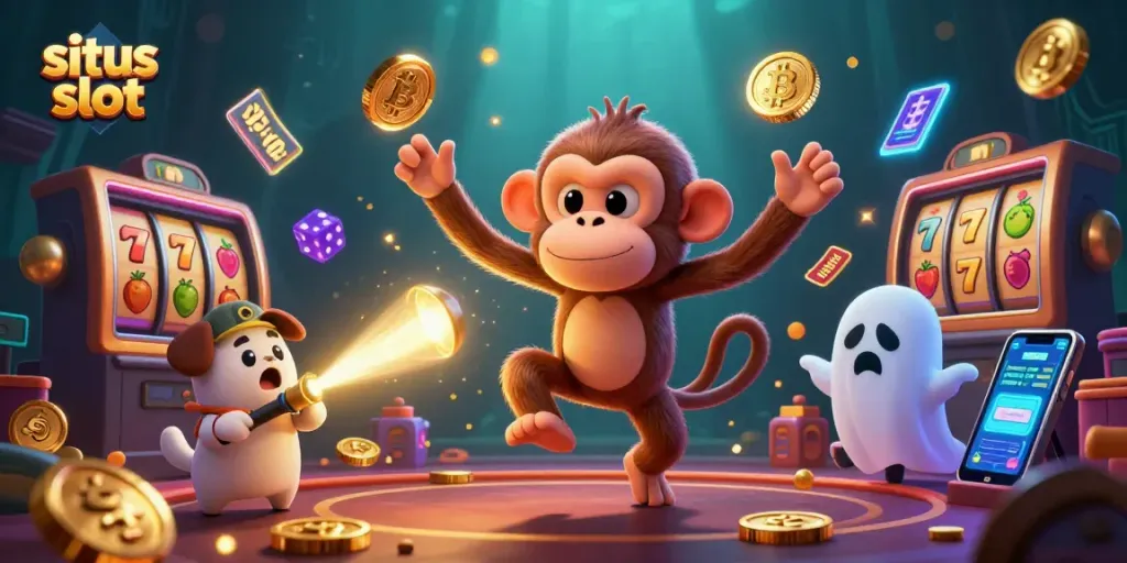 Engage with situs slot action as a mischievous poltergeist monkey juggles gold coins in a haunted casino scene.