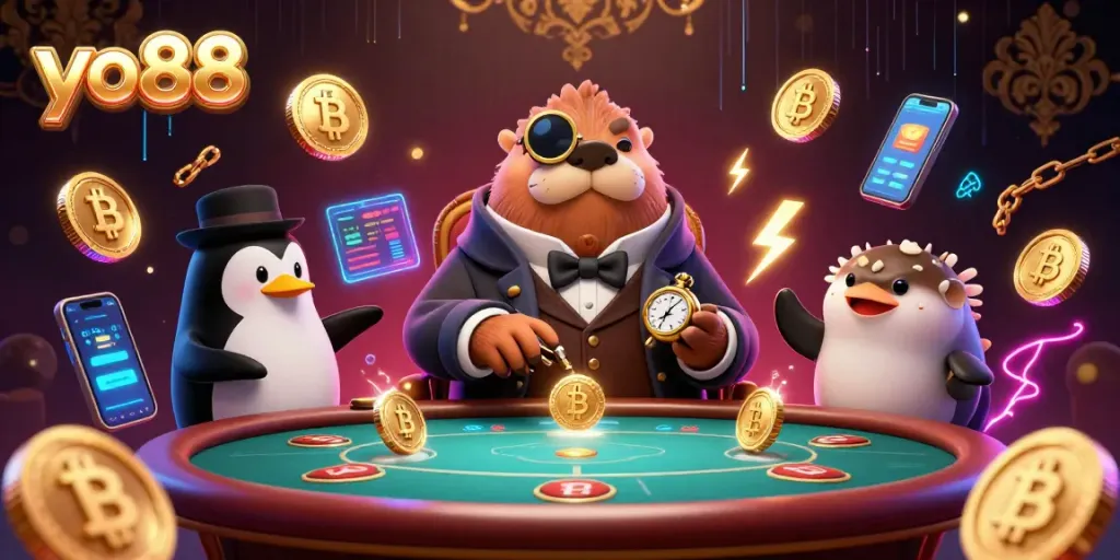 Experience action at yo88's poker table with a walrus, a penguin dealer, and a bluffing pufferfish.