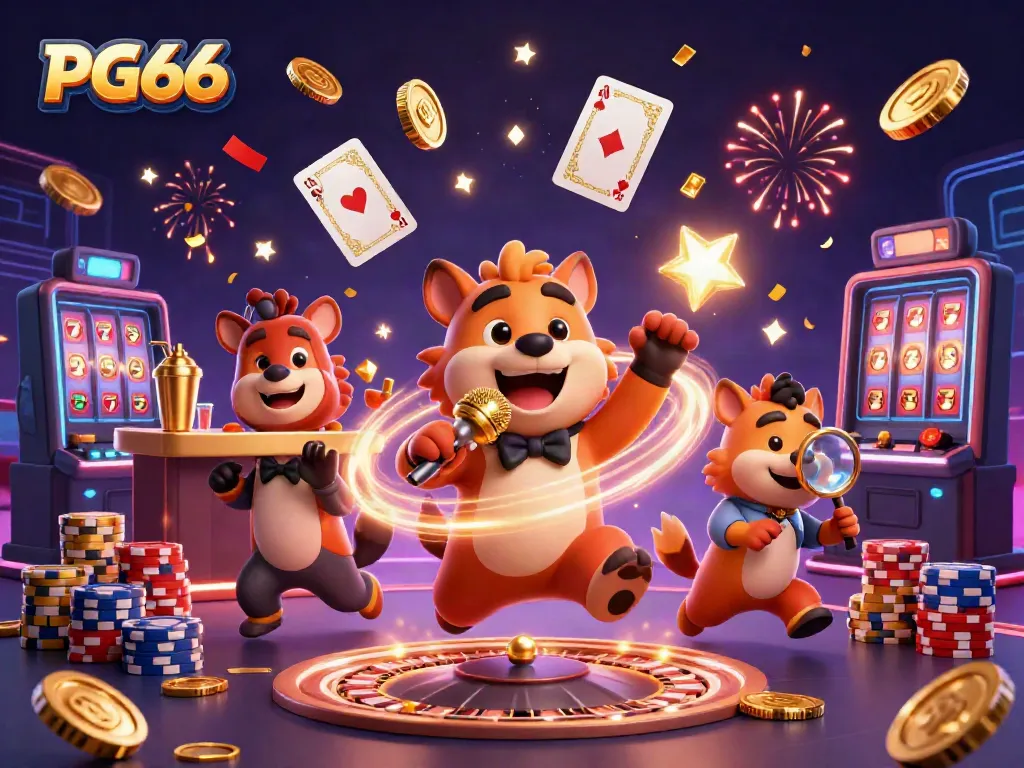 Hyenas celebrate at PG66 casino, funny comedy scene with coins and game elements.