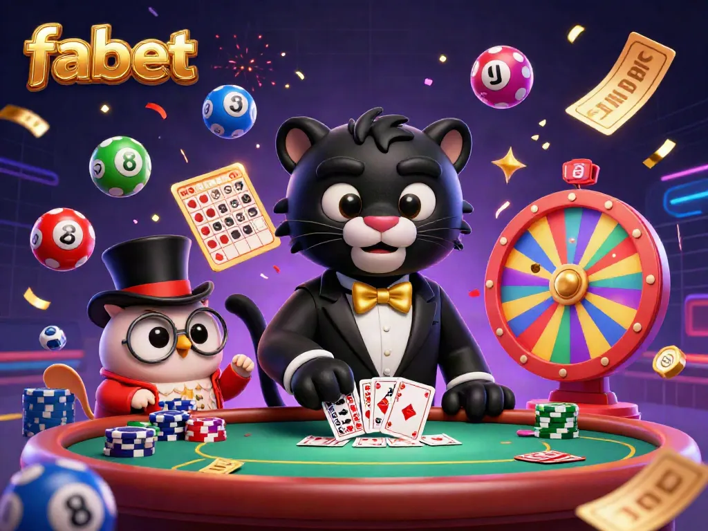 Engage in exciting gaming at fabet with stylish characters and vibrant casino elements surrounding them.