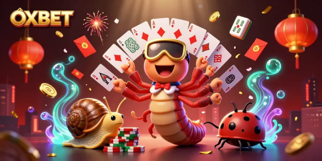 Experience the excitement of OXBET with dynamic gaming illustrations showcasing unique characters and elements.