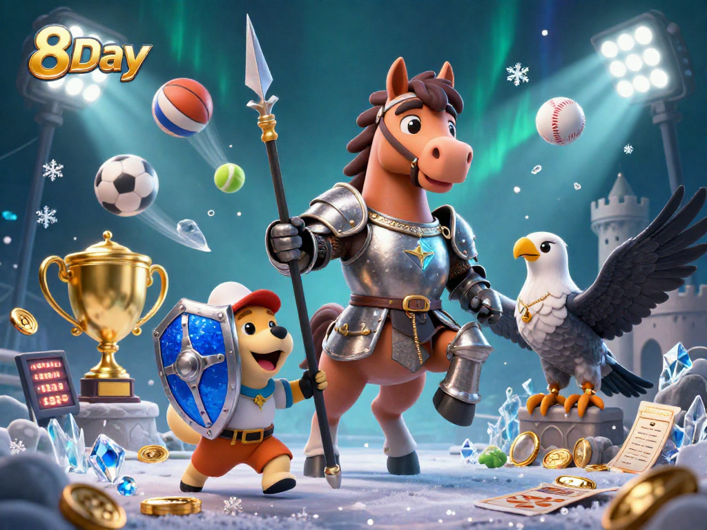 Engage with the vibrant world of 8Day's dynamic sports betting scene featuring animated casino characters.