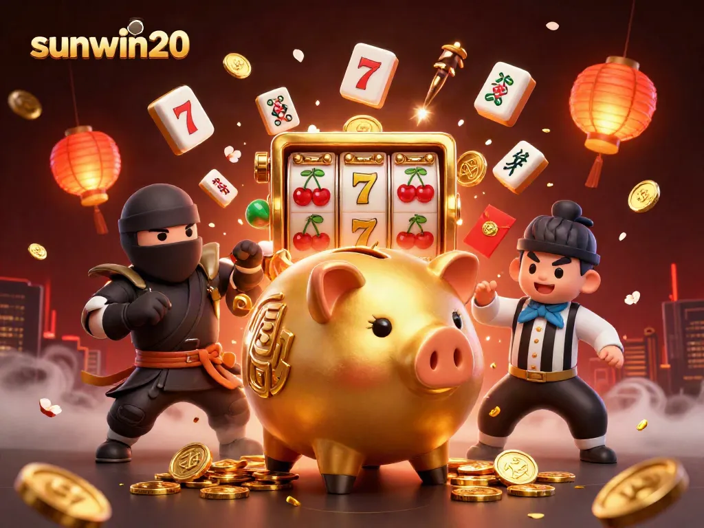 Experience thrilling gameplay at sunwin20 with a playful golden piggy bank sumo wrestler amidst dynamic casino elements.