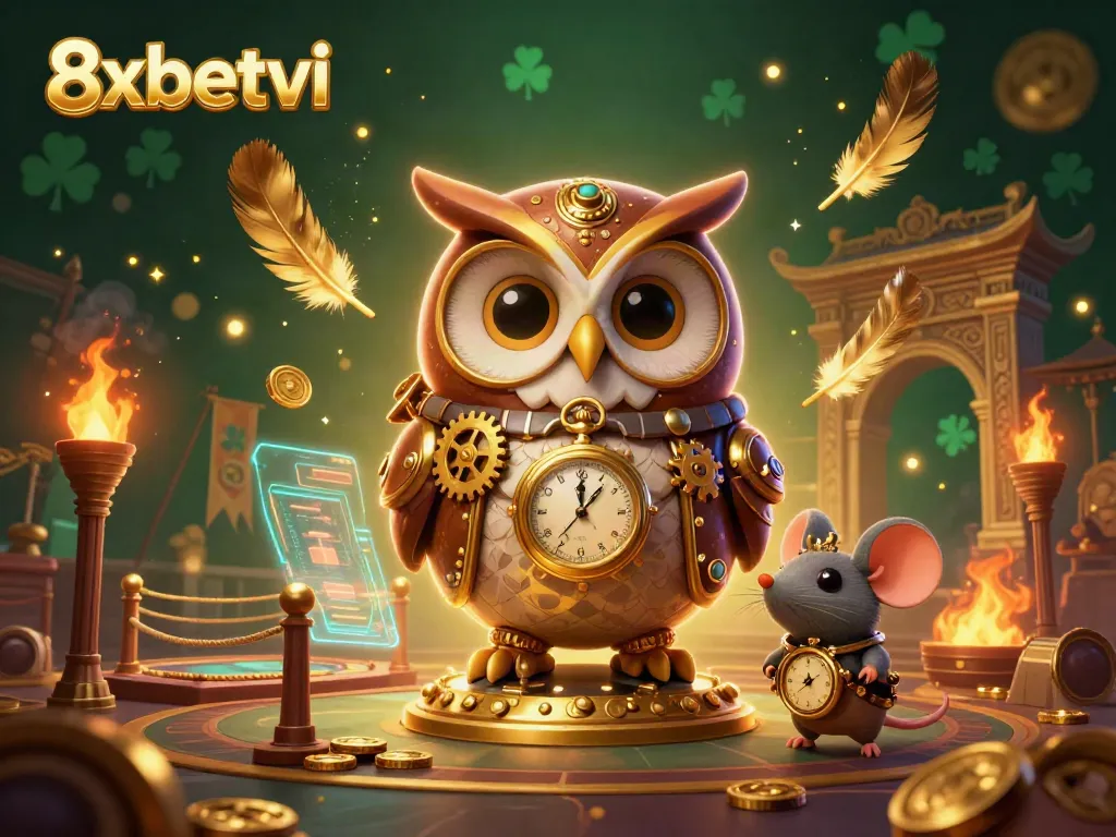 Experience exhilarating gameplay at 8xbetvi, featuring a time-traveling owl amidst casino-themed excitement.