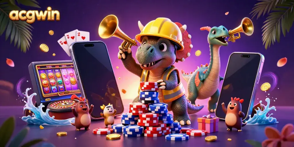 Experience the thrill of acgwin with lively cartoon dinosaurs celebrating big wins in a dynamic casino scene.