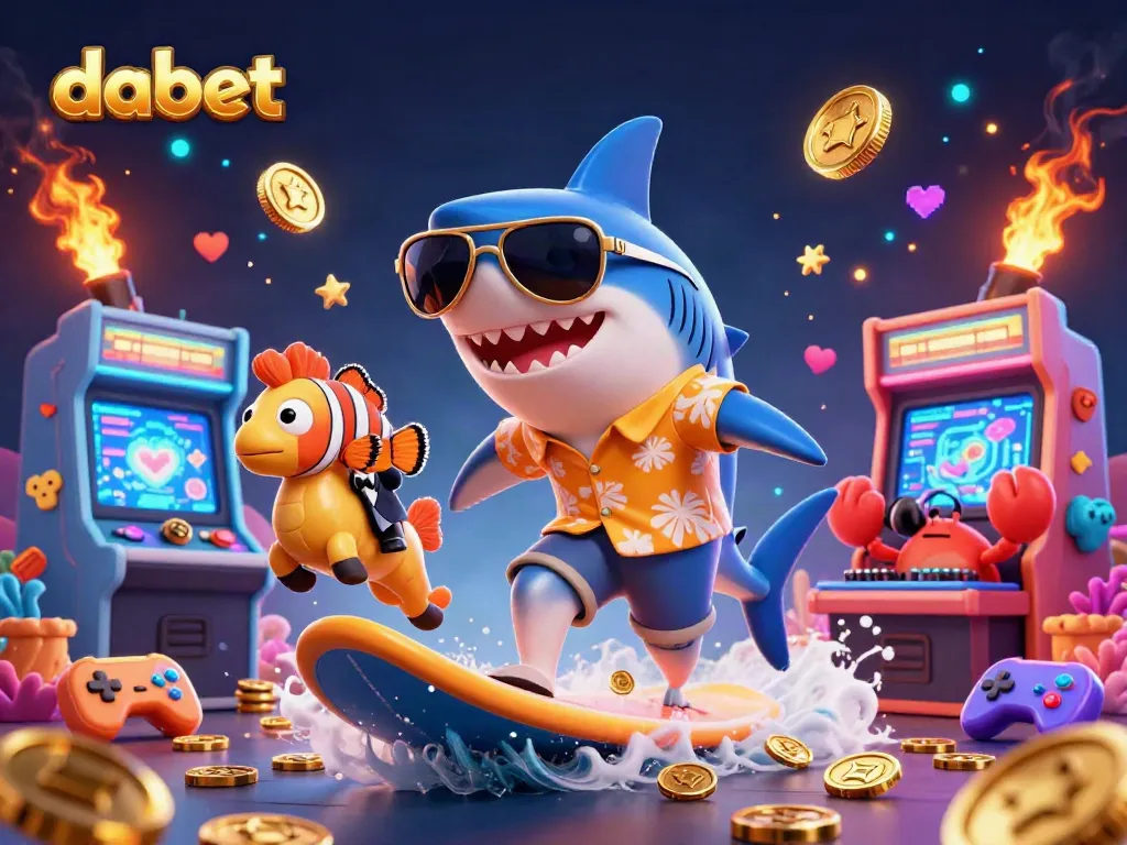 Dabet offers thrilling casino experiences with vivid characters on a dynamic gold coin wave.