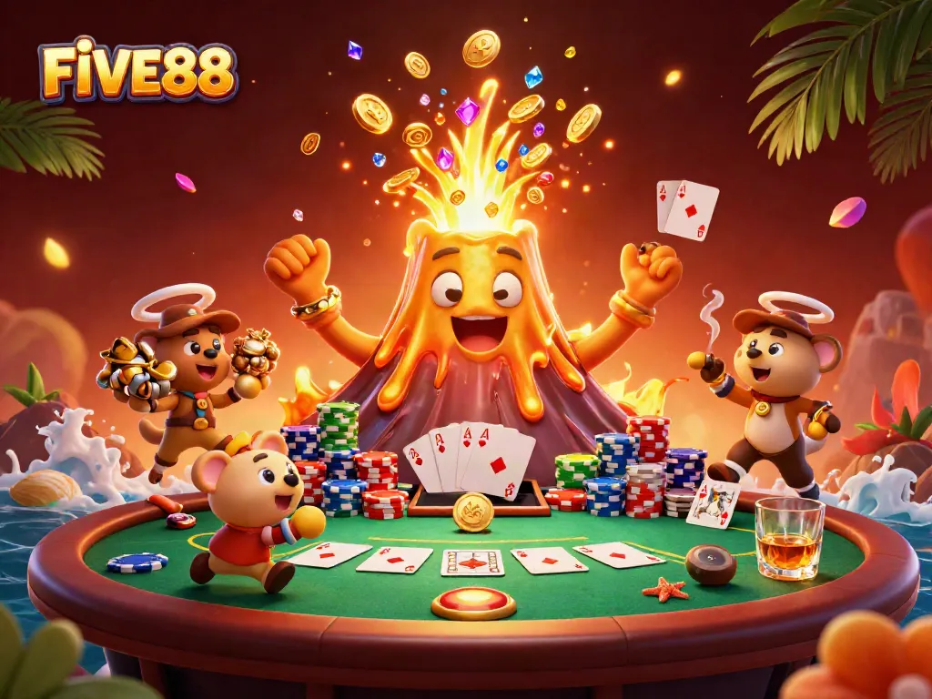 Experience thrilling moments at FIVE88 with vibrant casino-themed elements and treasure-hunting adventures.