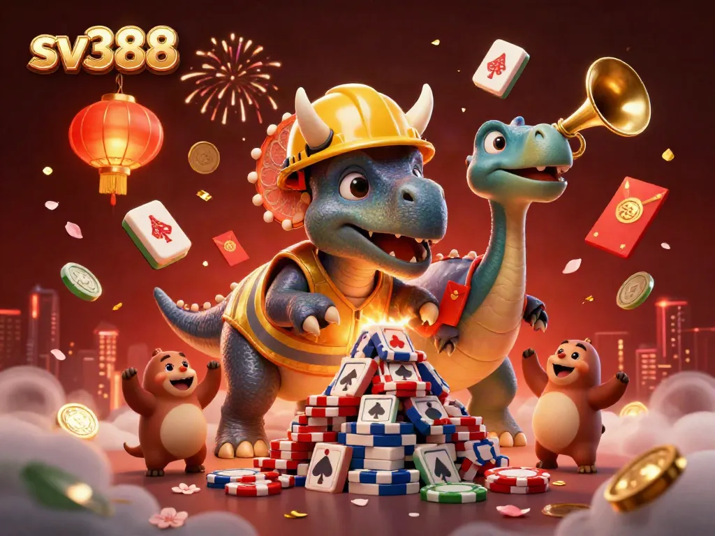 sv388 brings excitement with a triceratops building poker chips while celebrating in a vibrant casino scene.