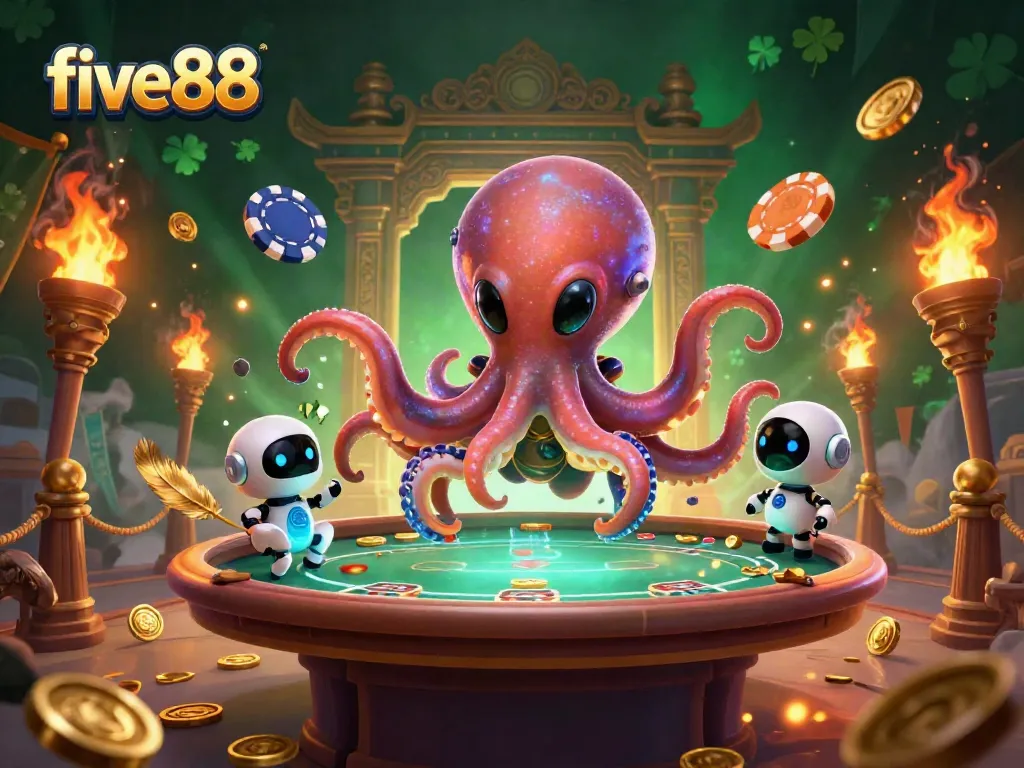 Experience five88 with an alien octopus at a dynamic poker table, surrounded by gaming elements.