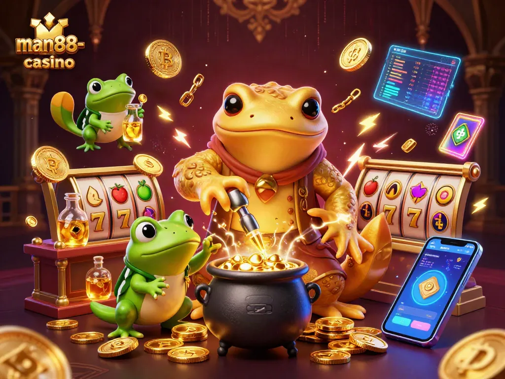 Spin the reels at man88-casino, featuring a vibrant alchemist and a frog apprentice revealing gold fortune